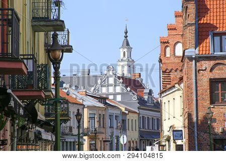 Kaunas, Lithuania - April 5, 2019: View Of Vilnius Street Architecture In Kaunas Old Town.  Old Town