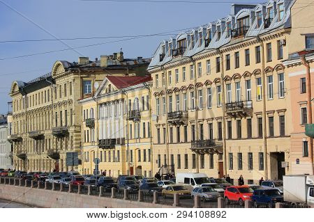 Historic City Architecture Of Old Building Facades On Fontanka River Embankment In Saint Petersburg,