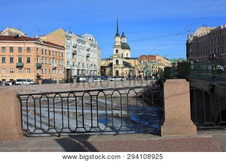 Fontanka River Embankment Scenic Architecture With Old Houses And Church Of Holy Righteous Simeon An