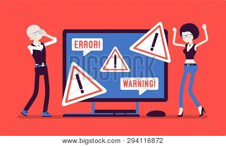 Pc Error, Warnings For Users. Angry Male, Female Clients At Monitor Indicating Hazard, Attention Sym