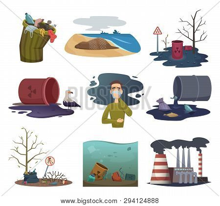Nature Pollution. Garden Weather Waste Trash Recycle Environment Pollution Vector Pictures Collectio