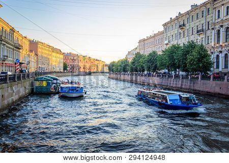 River Moika Evening Sunset. City River. Russia, St. Petersburg, July 13, 2018