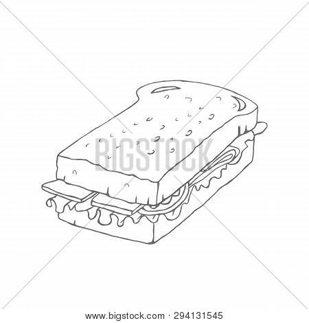 Sandwich Outline Drawing. Vector Sketch. Great For Restaurant Menu Or Banner