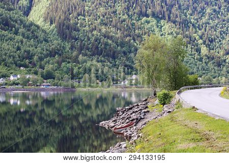 Mountain Road Near Fjord In Hardangervidda, Norway
