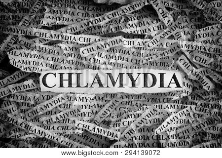 Chlamydia. Torn Pieces Of Paper With The Words Chlamydia. Black And White. Closeup.