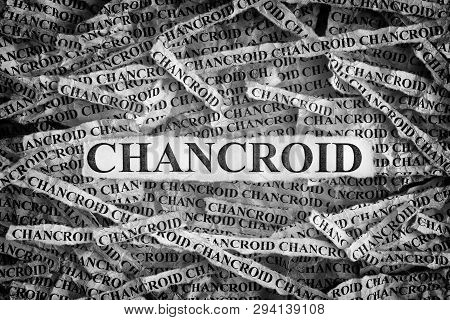 Chancroid. Torn Pieces Of Paper With The Words Chancroid. Concept Image. Black And White. Close Up.