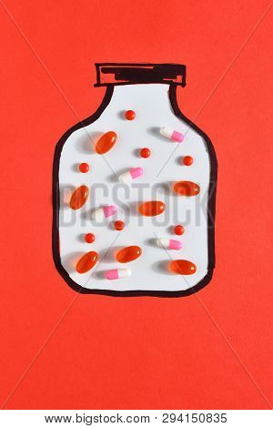A Drawn Canister With Pills,variety Pills In