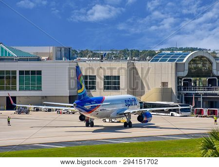 Orlando, Florida.  March 01, 2019. View Of Airplane From Spirit Airlines (nk)  At The Gate In Orland