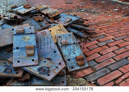 Abandoned Brick Train Depot With Tracks And Graffiti