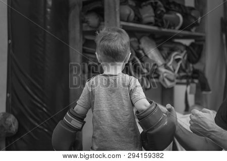 Little Boy In Boxing Gloves On Ring. Boy Boxing Training Punch Mitts Exercise Concept. View Back. Bl