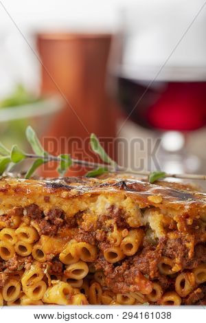 Closeup Of Greek Pastizio Noodle Dish With Cheese