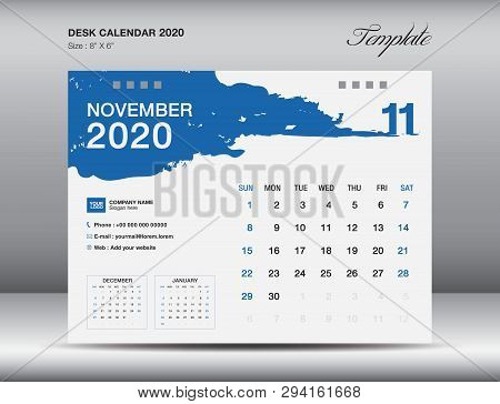 Desk Calendar 2020 Template Vector, November 2020 Month, Business Layout, 8x6 Inch, Week Starts Sund