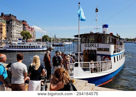 Stockholm, Sweden - July 12, 2018: Public Transportation Boat Gurli In Service On Sl Line 80 At The 