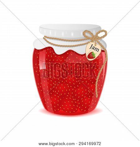 Vector Illustration Of Strawberry Jam In A Glass Jar.