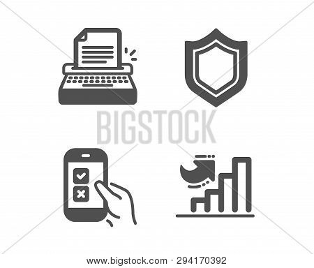 Set Of Security, Mobile Survey And Typewriter Icons. Growth Chart Sign. Protection Shield, Phone Qui