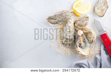 Fresh Oysters close-up with knife, served table with oysters. Healthy sea food. Oyster dinner in restaurant. Gourmet food. border design with copy space for your text. Top view, flatlay. Wide screen