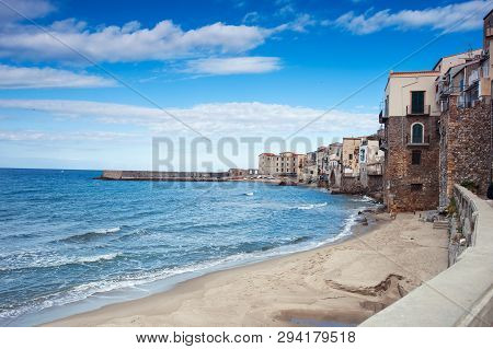 Cefalu, Sicily. Ligurian Tyrrenian Sea And Sunny Old Town-medieval Sicilian City. Province Of Palerm