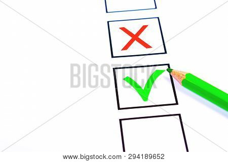 White Bulletin With Checkboxes And Green Pencil With Red Cross And Tick Drawn As Positive And Negati