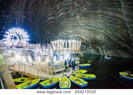 TURDA, ROMANIA - MARCH 10, 2018: Turda Salt Mine or Salina Turda, well known landmark in Transylvania with an underground museum and theme park, Romania, Europe