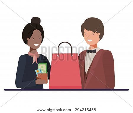 Couple Young With Shopping Bag Avatar Character Vector Illustration Desing