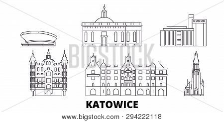 Poland, Katowice Line Travel Skyline Set. Poland, Katowice Outline City Vector Illustration, Symbol,
