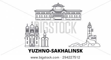 Russia, Yuzhno Sakhalinsk Line Travel Skyline Set. Russia, Yuzhno Sakhalinsk Outline City Vector Ill
