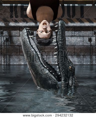 Pray To Be Prey, Man Being Tied Up In  Alliagator's Tank,3D Rendering