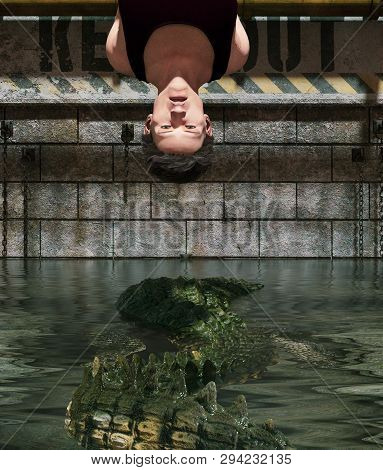 Pray To Be Prey, Man Being Tied Up In  Alliagator's Tank,3D Rendering