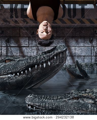Pray To Be Prey, Man Being Tied Up In  Alliagator's Tank,3D Rendering