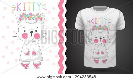 Pretty Kittty Idea For Print T-shirt. Hand Draw