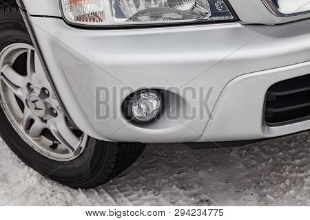Novosibirsk, Russia - 03.10.2019: Front Bumper Foglamp View Of Honda Cr-v First Generation In Silver