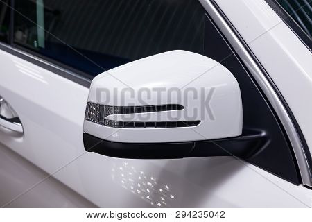 Novosibirsk, Russia - 08.01.18: Front Mirror View Of Luxury Very Expensive New White Mercedes-benz G