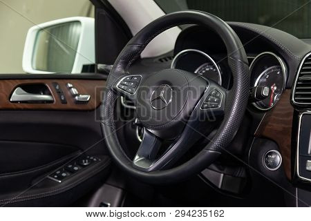 Novosibirsk, Russia - 08.01.18: Interior View With Steering Wheel And Dashboard Of Luxury Very Expen