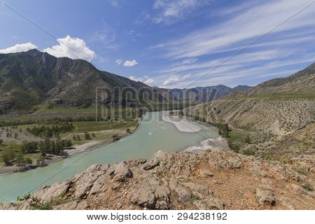 Panoramic View Of An Altai Mountain Katun River. Place Of Confluence Of Katun And Chuya Rivers. Summ