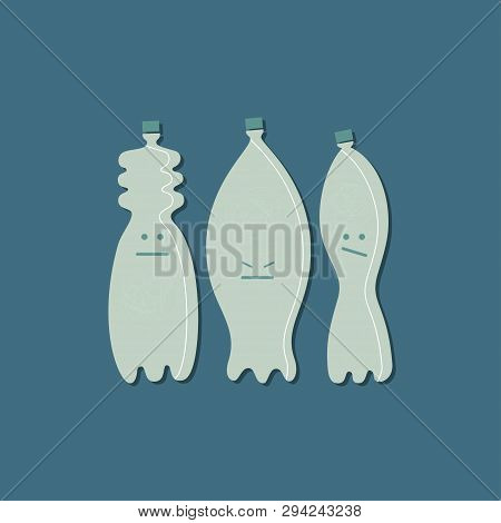 Bottles With Faces Vector Illustrations Set. No Plastic Lettering. Kawaii Containers Cartoon Clipart