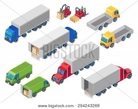 Trucking Logistic Isometric Trucks. Loading Truck, Cargo Container Transportation Lorry And Trailer 