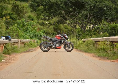 Savanadurga, India - December 31, 2018: Bajaj Pulsar 200 Ns Parked At The Center Of The Road .