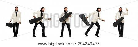 Man with violin case on whtie