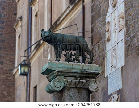 Monument To The She-wolf Who Raised Romulus And Remus In Rome, Italy