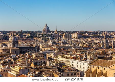 Panoramic Sight From The Heights With The Dome And Rooftops Of The Eternal City In Rome, Italy
