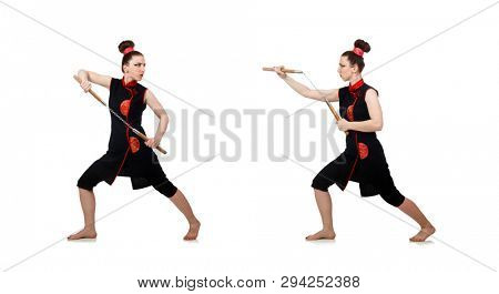 Funny woman with nunchucks isolated on white