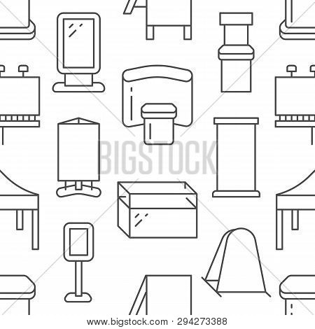 Advertising Exhibition Banner Stands, Display Seamless Pattern With Flat Line Icons. Billboard, Fold