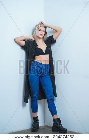 Model Tests. Photo Session Model In The Studio. Simple Attractive Portraits For A Young Beautiful Gi
