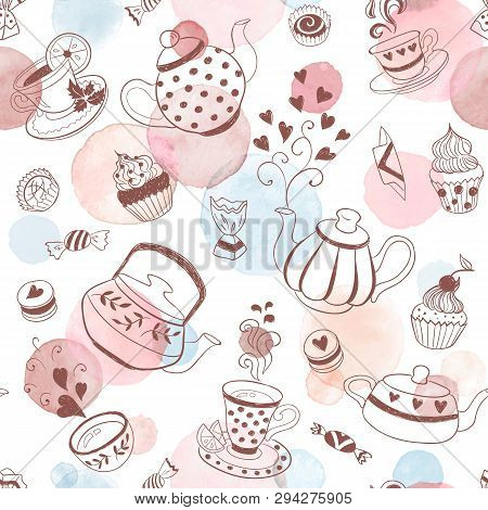 Tea Time Seamless Pattern. Tea Party Background Design. Hand Drawn Doodle Illustration With Teapots,