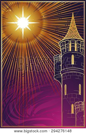 Tower Of The Evening Star. Fantasy Concept Drawing. Fantasy Background, Textile Print Or Greeting Ca