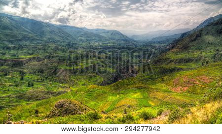 Aerial Panoramic View To Colca Canyon And Madrigal City From The Madrigal Viewpoint At Chivay, Arequ