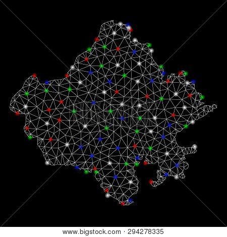 Bright Mesh Rajasthan State Map With Lightspot Effect. Wire Frame Polygonal Mesh In Vector Format On