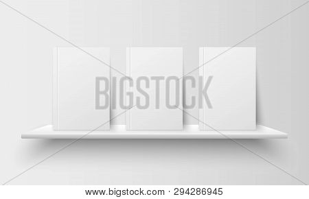 Three Realistic Book With Empty Blank Covers On Bookshelf Isolated On Grey Background. Mock Up Templ