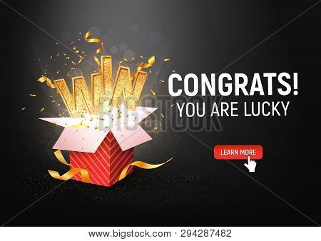 Open Textured Red Box With Confetti Explosion Inside And Win Gold Word On Dark Background Landscape 