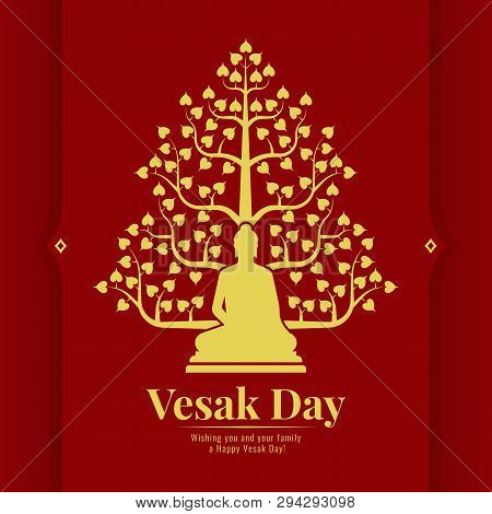 Vesak Day Banner Card With Yellow Gold  Buddha And Bodhi Tree Sign On Red Background Vector Design